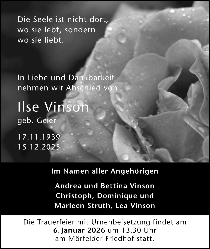  Traueranzeige für Ilse Vinson vom 27.12.2025 aus OFMF