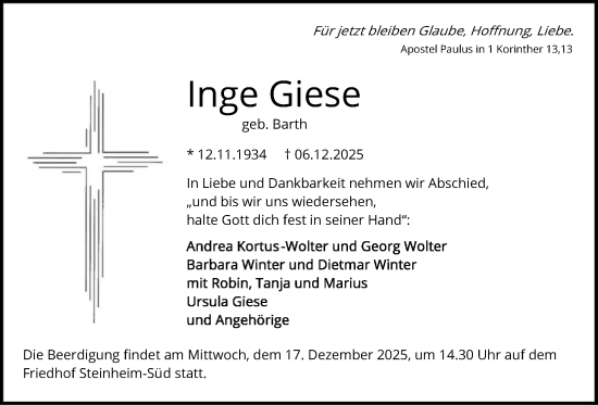Traueranzeige von Inge Giese von OFOP