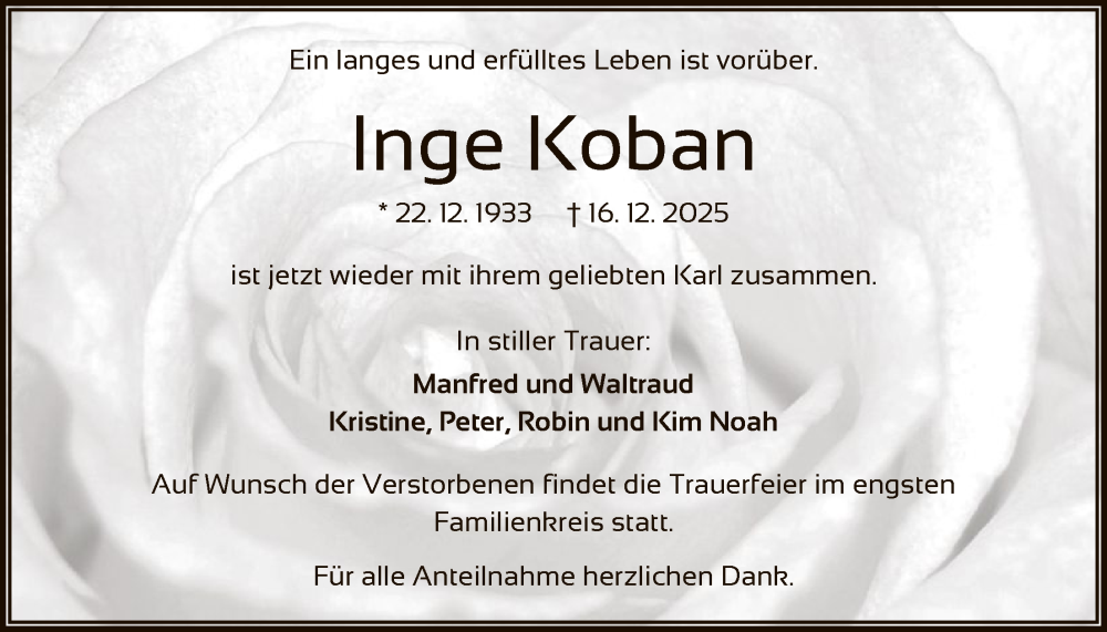  Traueranzeige für Inge Koban vom 27.12.2025 aus OFMF