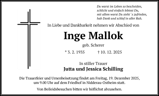 Traueranzeige von Inge Mallok von OFHA