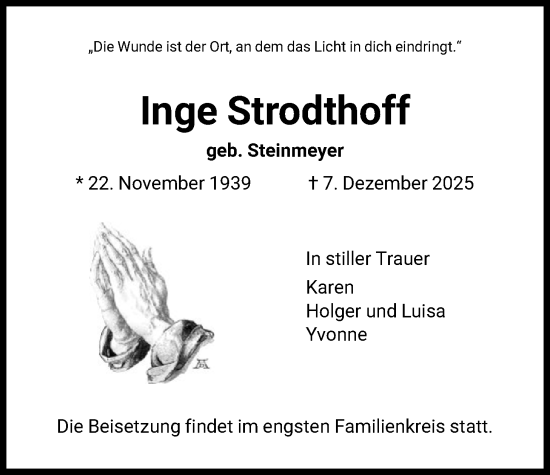 Traueranzeige von Inge Strodthoff von FNP