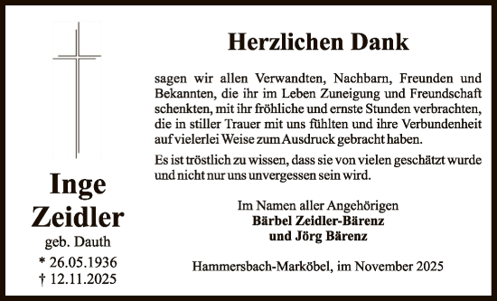 Traueranzeige von Inge Zeidler von OFHA