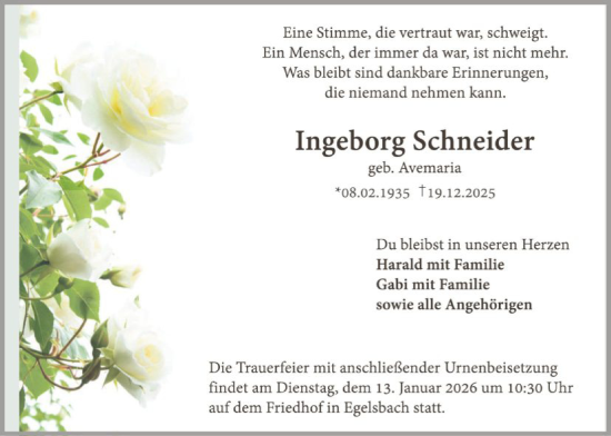 Traueranzeige von Ingeborg Schneider von OF0W