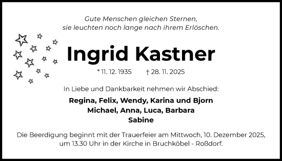 Traueranzeige von Ingrid Kastner von OFHA