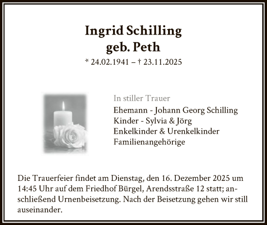 Traueranzeige von Ingrid Schilling von OFOP