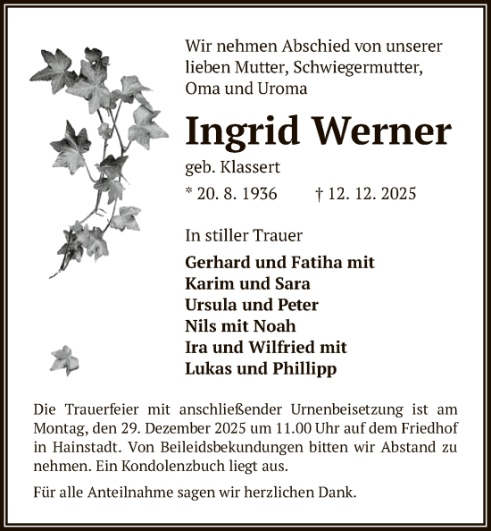 Traueranzeige von Ingrid Werner von OF0L