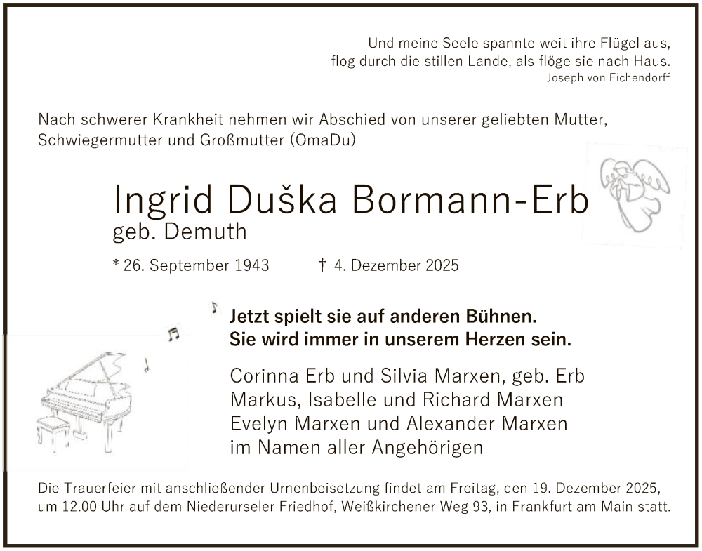 Traueranzeige für Ingrid Duška Bormann-Erb vom 13.12.2025 aus FNP