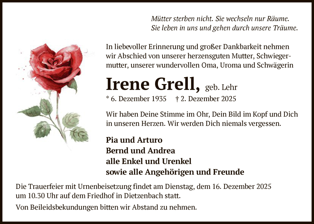  Traueranzeige für Irene Grell vom 06.12.2025 aus OFOP