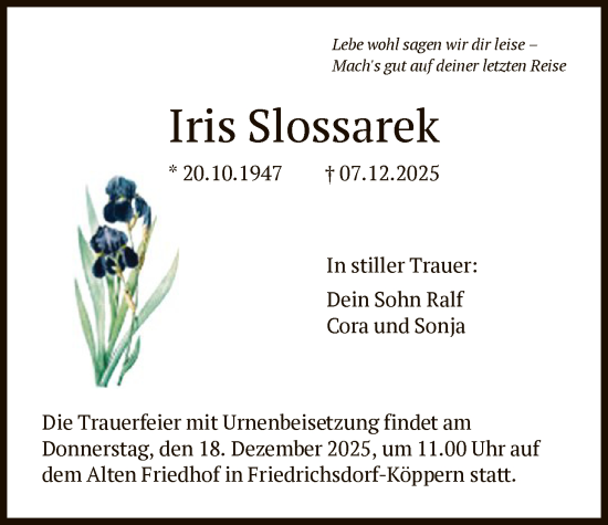Traueranzeige von Iris Slossarek von FNP