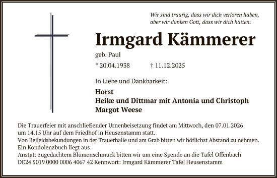 Traueranzeige von Irmgard Kämmerer von OF0T