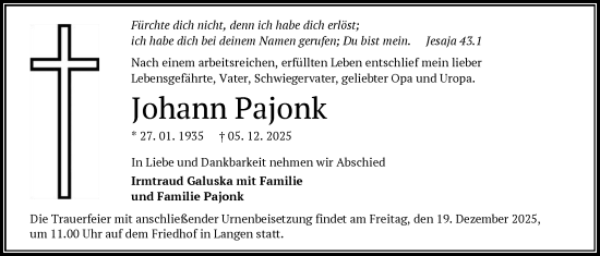 Traueranzeige von Johann Pajonk von OF0W