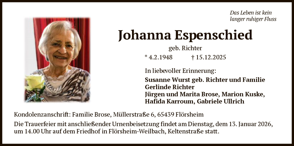  Traueranzeige für Johanna Espenschied vom 20.12.2025 aus FNP