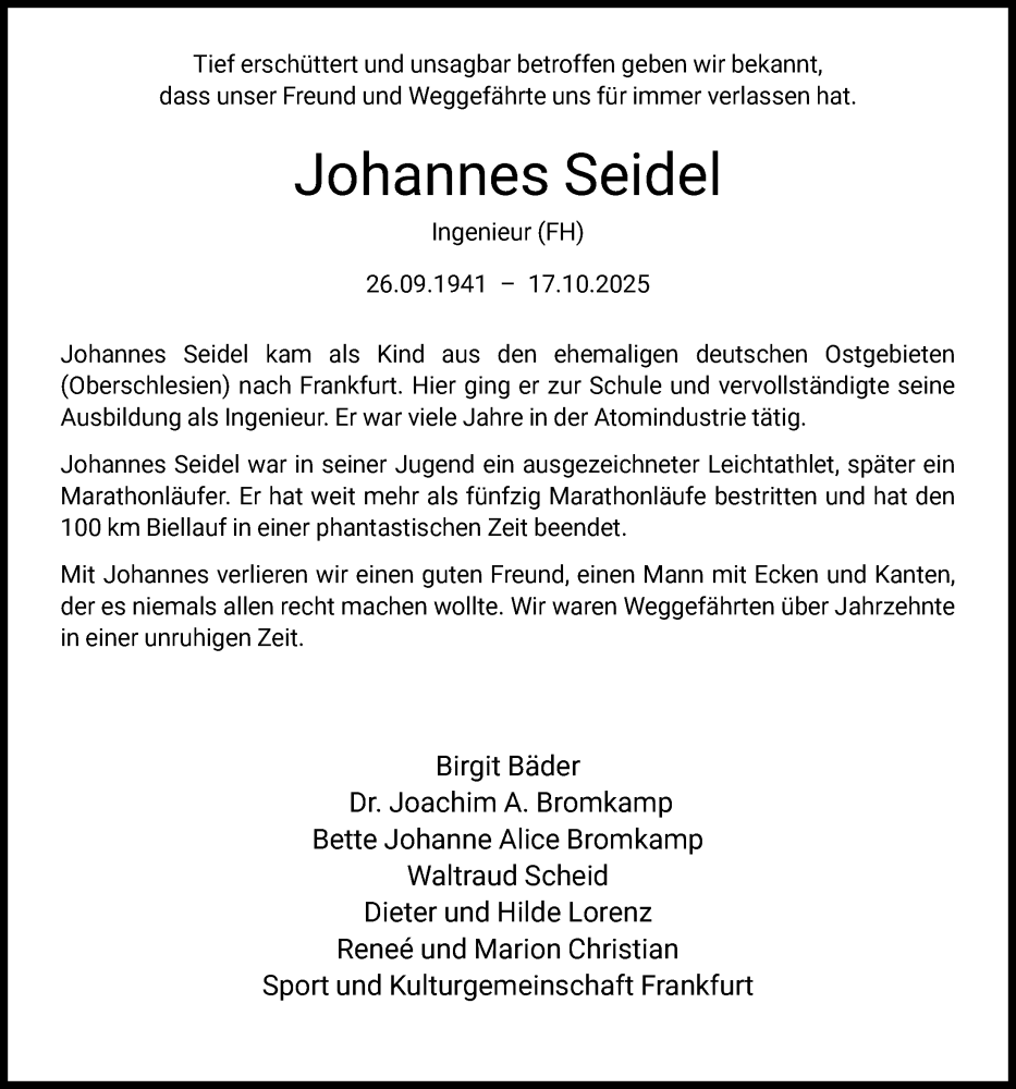  Traueranzeige für Johannes Seidel vom 08.12.2025 aus FNP