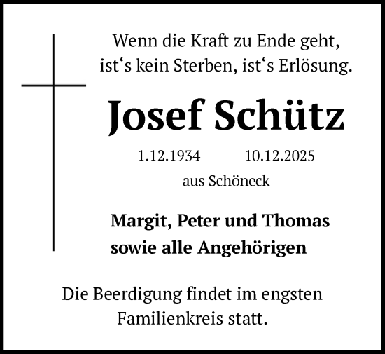 Traueranzeige von Josef Schütz von OFHA