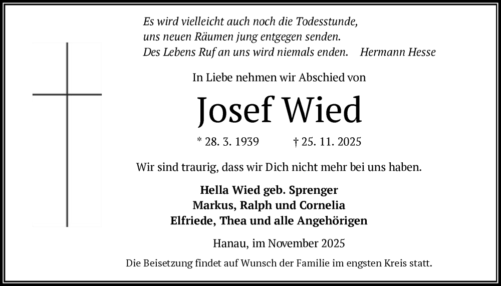  Traueranzeige für Josef Wied vom 06.12.2025 aus OFHA