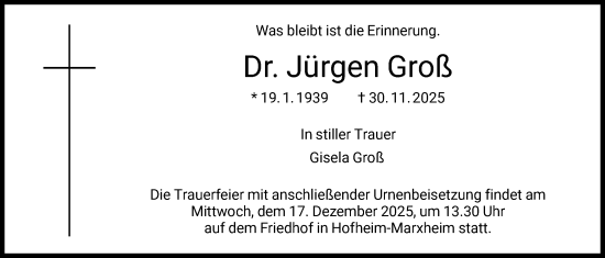 Traueranzeige von Jürgen Groß von FNP