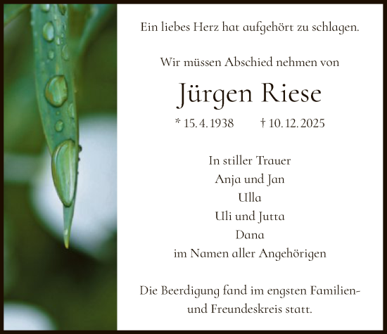 Traueranzeige von Jürgen Riese von FNP