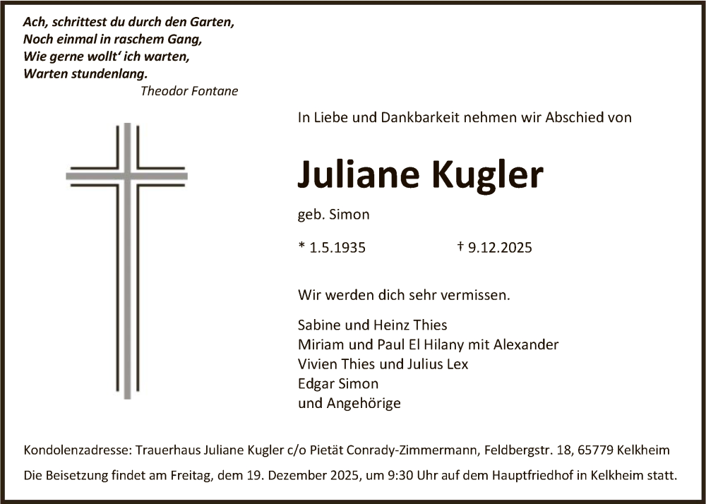  Traueranzeige für Juliane Kugler vom 17.12.2025 aus FNP