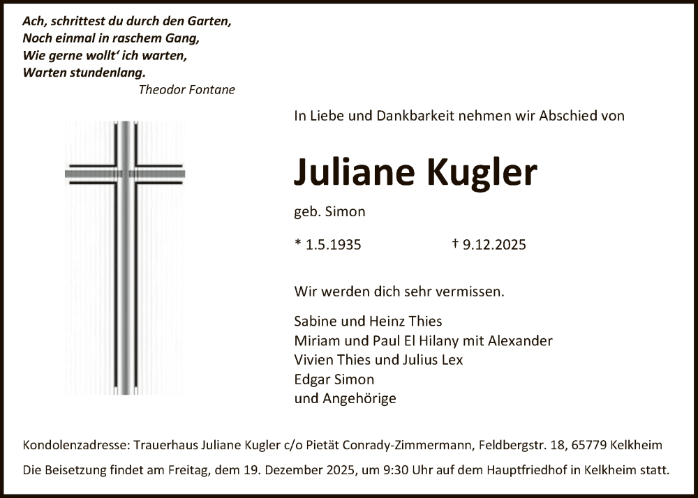  Traueranzeige für Juliane Kugler vom 17.12.2025 aus OFOP