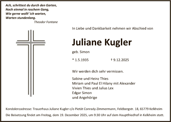 Traueranzeige von Juliane Kugler von FNP