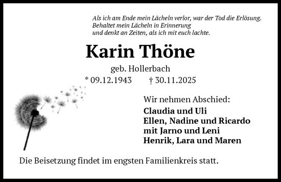 Traueranzeige von Karin Thöne von FNP