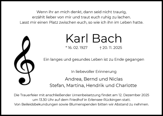 Traueranzeige von Karl Bach von OFHA