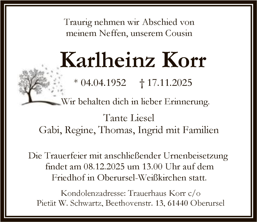  Traueranzeige für Karlheinz Korr vom 06.12.2025 aus FNP