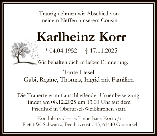 Traueranzeige von Karlheinz Korr von FNP