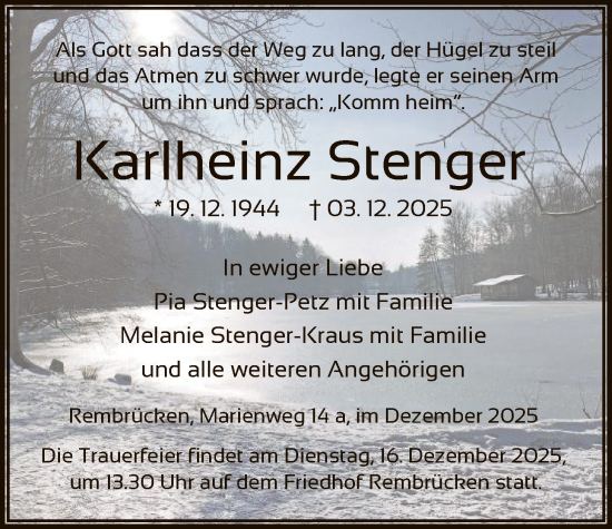 Traueranzeige von Karlheinz Stenger von OFOP