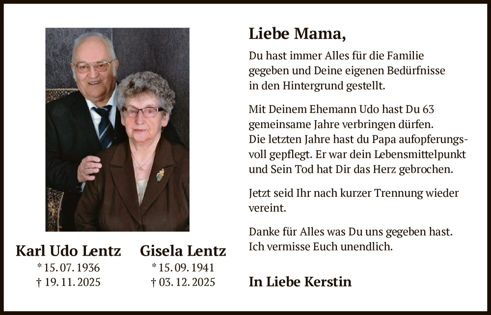  Traueranzeige für Karl Udo Lentz vom 20.12.2025 aus OFHA