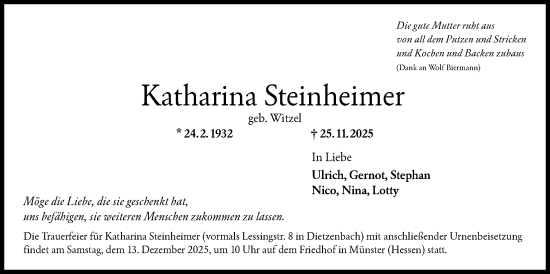Traueranzeige von Katharina Steinheimer von OF0L
