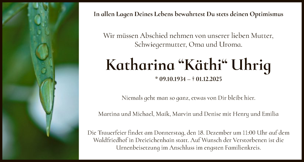  Traueranzeige für Katharina Uhrig vom 13.12.2025 aus OF0W
