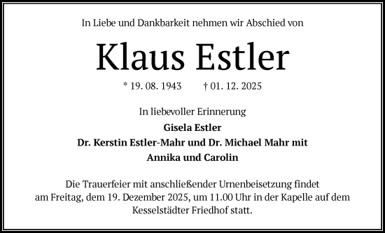 Traueranzeige von Klaus Estler von OFHA