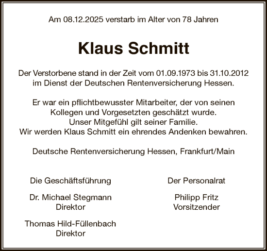 Traueranzeige von Klaus Schmitt von FNP