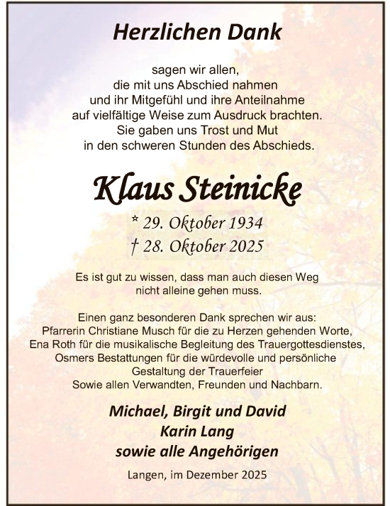Traueranzeige von Klaus Steinicke von OFOP