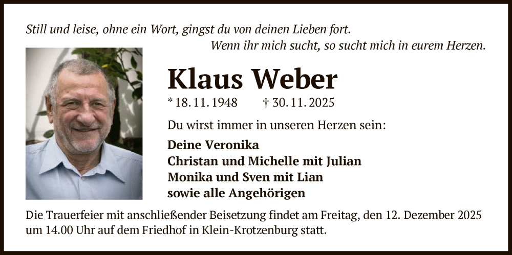  Traueranzeige für Klaus Weber vom 06.12.2025 aus OFOP
