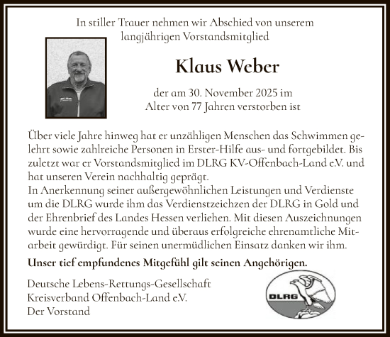 Traueranzeige von Klaus Weber von OFOP