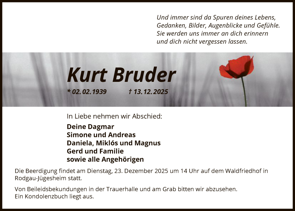  Traueranzeige für Kurt Bruder vom 20.12.2025 aus OFOP