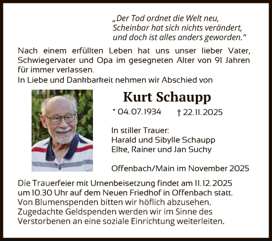 Traueranzeige von Kurt Schaupp von OFOP