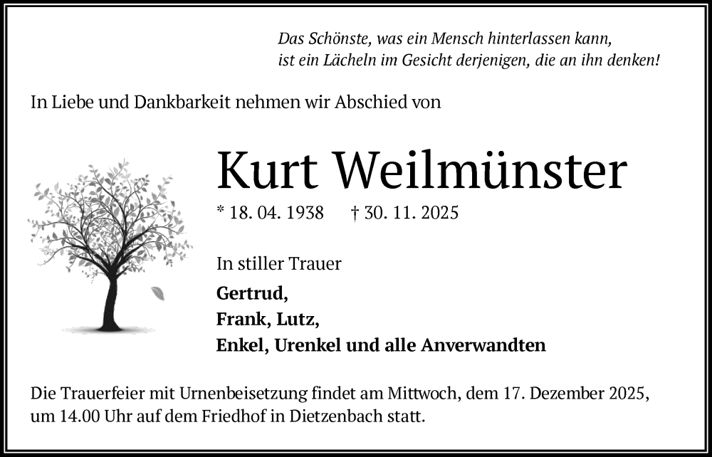  Traueranzeige für Kurt Weilmünster vom 13.12.2025 aus OF0L