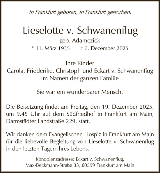 Traueranzeige von Lieselotte v. Schwanenflug von FNP