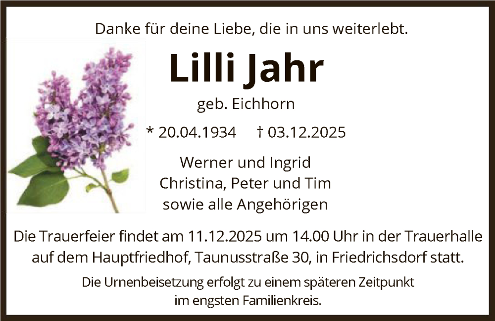  Traueranzeige für Lilli Jahr vom 06.12.2025 aus FNP