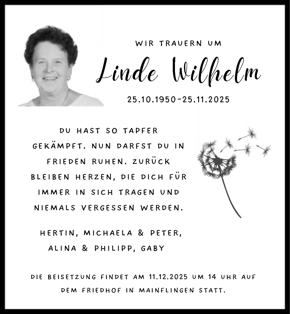  Traueranzeige für Linde Wilhelm vom 06.12.2025 aus OF0L