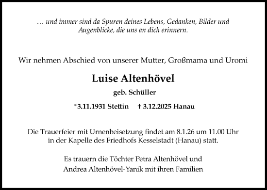 Traueranzeige von Luise Altenhövel von OFHA