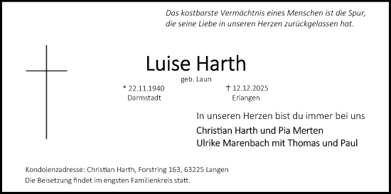 Traueranzeige von Luise Harth von OFOP