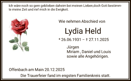 Traueranzeige von Lydia Held von OFOP
