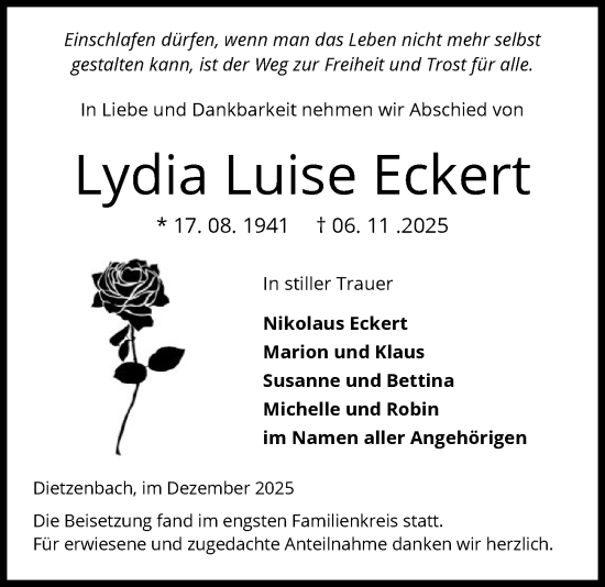 Traueranzeige von Lydia Luise Eckert von OF0L