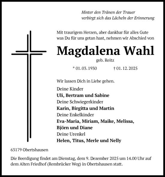 Traueranzeige von Magdalena Wahl von OFOP