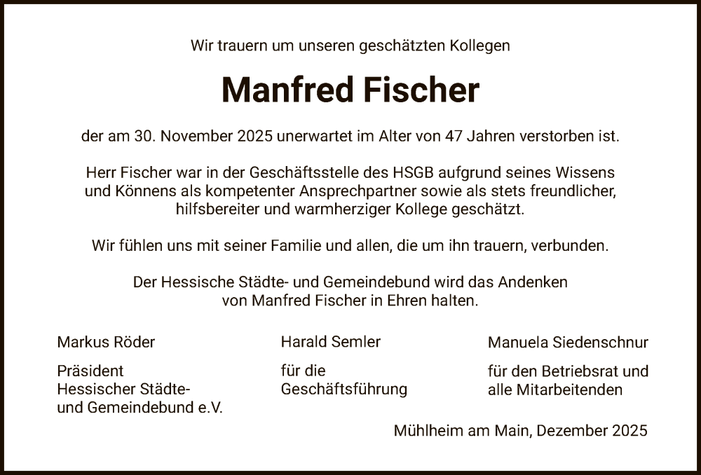 Traueranzeige für Manfred Fischer vom 13.12.2025 aus OFOP