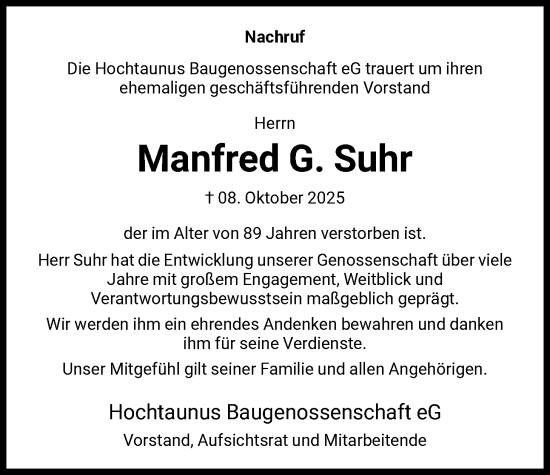 Traueranzeige von Manfred G. Suhr von FNP